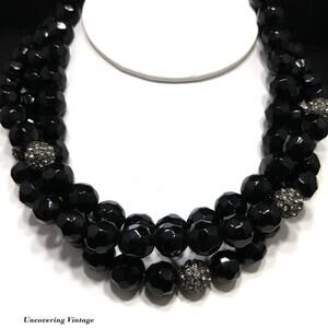 Vintage Black Glass Rhinestone 3 Strand Bead Necklace, Strung Wire, 1990s, 18"